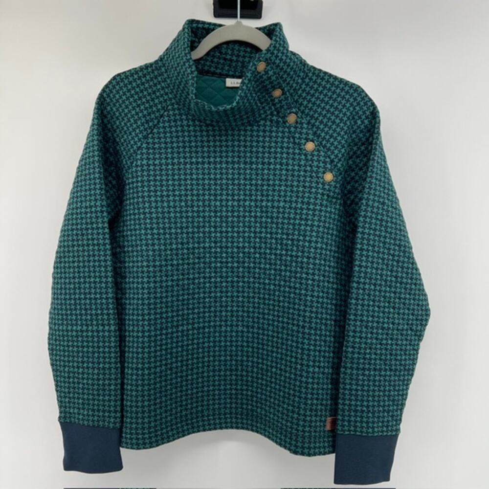 LL Bean Quilted Pullover Sweatshirt Snap Neck Womens M-P Blue Green Mock Neck